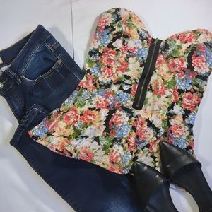 Papaya Floral Strapless Peplum Top